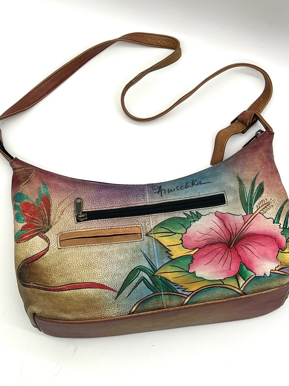 Anuschka Hand Painted Leather Hibiscus Butterfly Shoulder Hobo Bag Floral